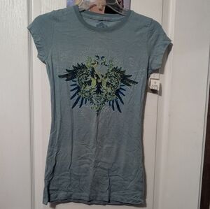 Y2K L.O.L. Vintage Blue Tattoo Graffiti Skull Wings Print Short Sleeve T-Shirt